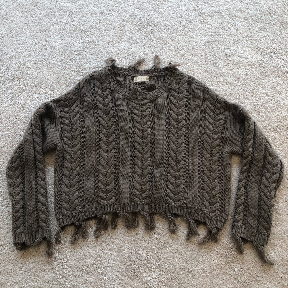 Altar'd State Boxy Knit Crop Cable Fringe Heavy Sweater